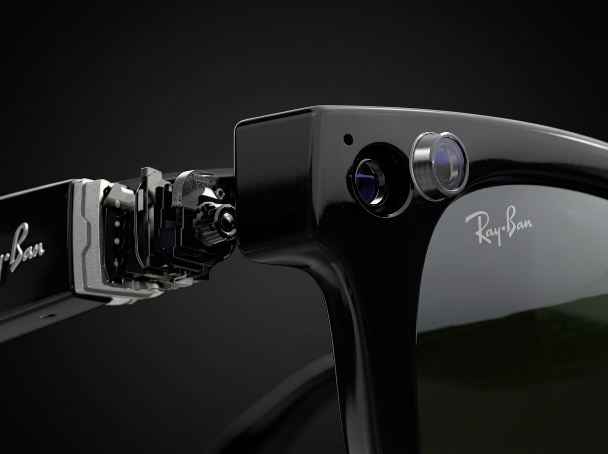 Close-up of Ray-Ban Meta smart glasses frame showing built-in camera and temple detail